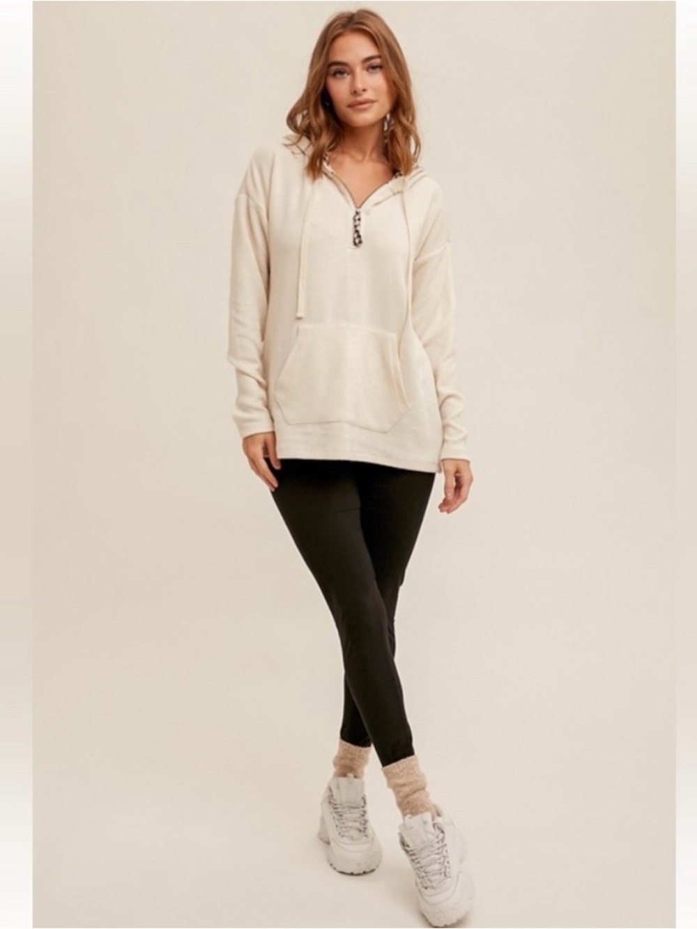 Hem & Thread Cream Hoodie with Gingham Hood Trim